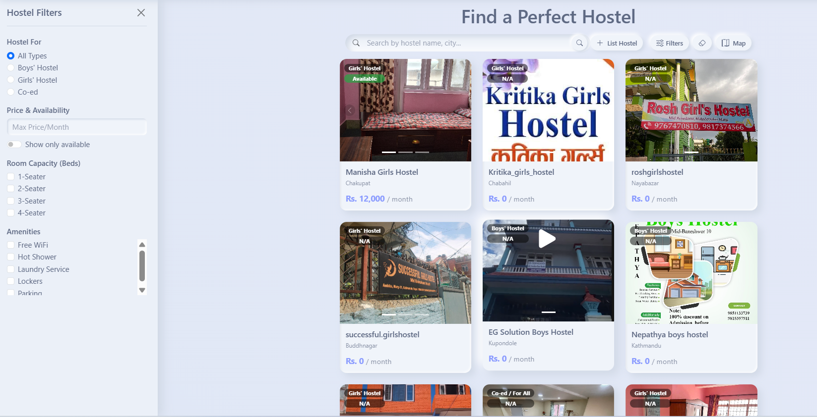 hostel finder page